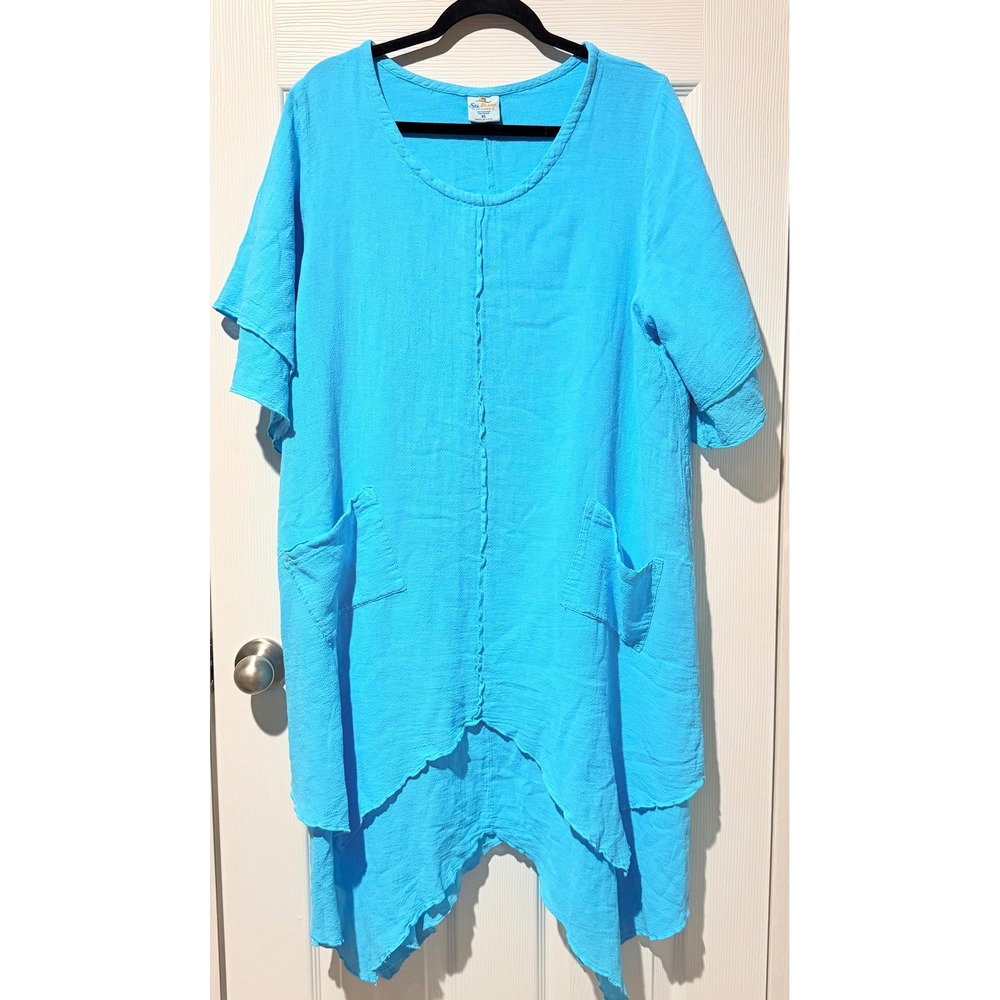 Sea Breeze of California Blue Cotton Gauze Tunic Top XL Asymmetrical Hem Pockets